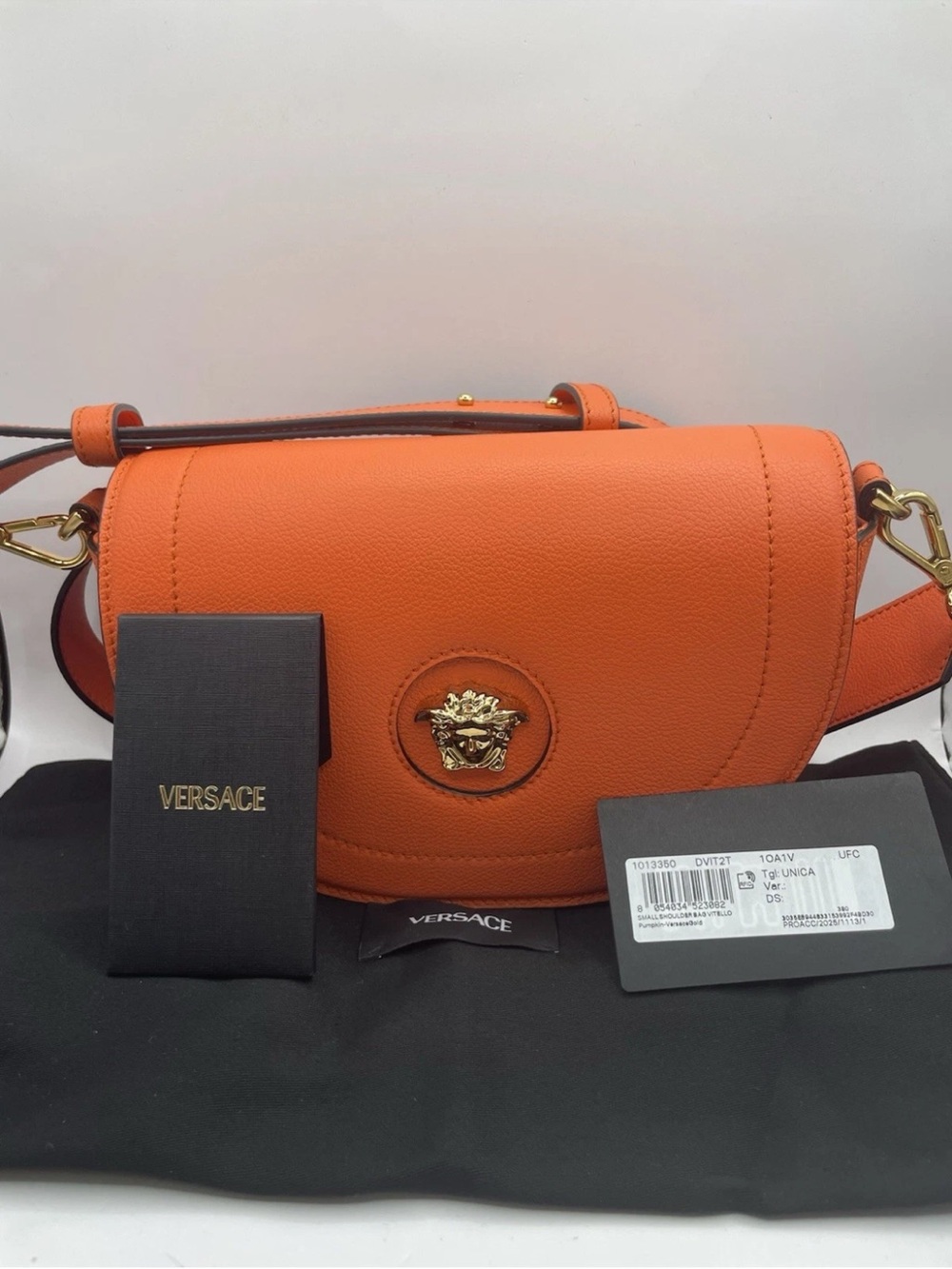 Versace Orange Pebbled Leather Crossbody Bag with Medusa - Picture 9 of 13